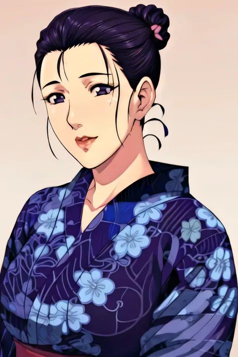 Simple Background,White Background,
purple kimono,floral print,japanese clothes,wide sleeves,long sleeves,
cleavage,
purple eyes, black hair,bangs,hair bun,
1 girl,Young female,Beautiful long legs,Beautiful body,
Beautiful Nose,Beautiful character design,...