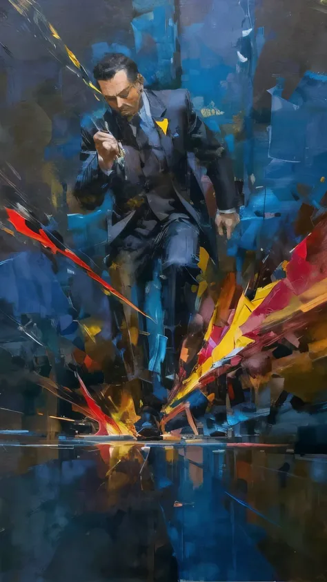 A faceless figure in a suit stands at the center of an abstract battlefield. Around him, jagged, chaotic strokes of deep red, black, and sharp yellow slash through the air, representing the intensity of frustration and impatience. The figures body is split...