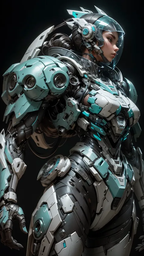 Prompt:
Create a futuristic mech warrior with a sleek, feminine design. The mech should be primarily teal with white accents, and its armor should be form-fitting and aerodynamic. The lighting should be dramatic, with a strong focus on the mech and a deep,...