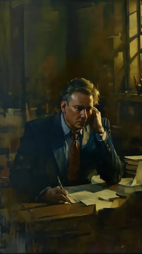 a stressed man sitting at a desk, detailed facial features, worried expression, hands on head, office desk with papers and laptop, warm lighting, cinematic composition, photorealistic, 8k, masterpiece