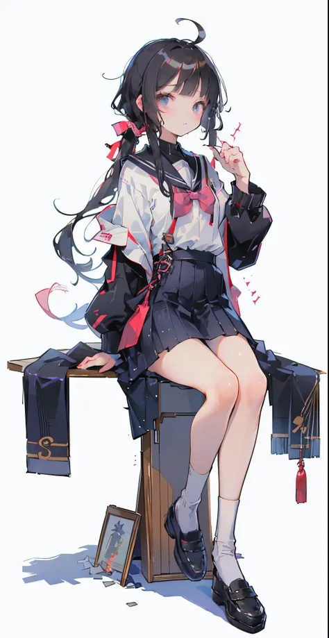 ((masterpiece, Best quality: 1.1), A Japanese high school girl sitting in the classroom，Modern，((穿着Japanese school uniform的动漫女孩)),Long hair girl，Low ponytail，Japanese school uniform，bow tie，Short skirt，stocking，Small leather shoes，coat，Japanese high school...