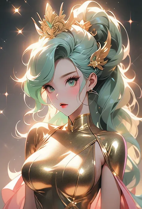 Japanese girl, (anime), manga, sexy, One Full Growth in Latex, sparkles, Pink Green Hair, posing, ((Glitter Dust)), dynamic shadows, masterpiece, bright colors, Shimmers, clear details, beautiful appearance, masterpiece, best quality, perfect anatomy, very...