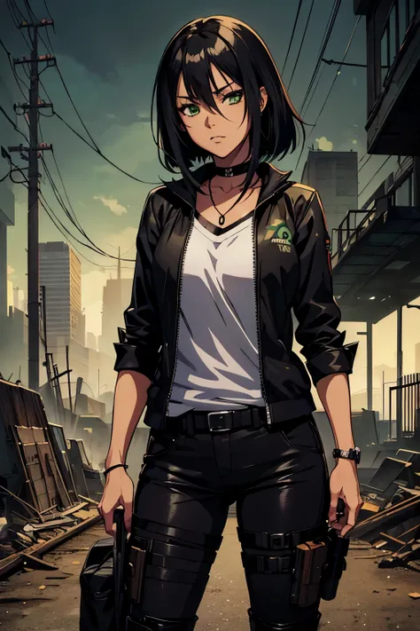 ((anime art style)),((Lines by artist Ika Nakaya)),(( best quality)), black woman, green eyes, black hair, murderer, killer outfit, Post-apocalyptic world, roupa preta