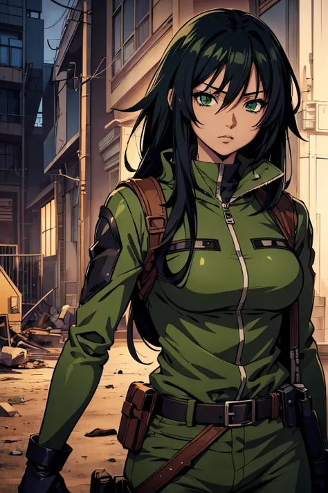 ((anime art style)),((Lines by artist Ika Nakaya)),(( best quality)), black woman, green eyes, black hair, murderer, killer outfit, Post-apocalyptic world, roupa preta, cabelo curto, Yor