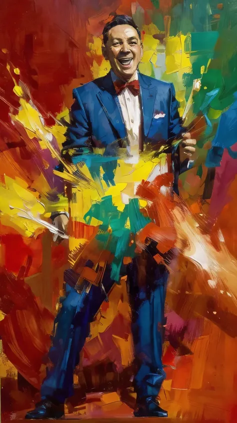 A faceless figure in a suit stands in the center of a vibrant, abstract landscape painted with bold, expressive brushstrokes in vivid reds and greens. Around them, a cacophony of swirling shapes in muted tones represents the gossip and chatter of others, c...