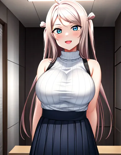 zhong lanzhu,long hair,bangs,(blue eyes),pink hair,ahoge,sidelocks,two side up,indoor room,light smile,sleeveless ribbed sweater...