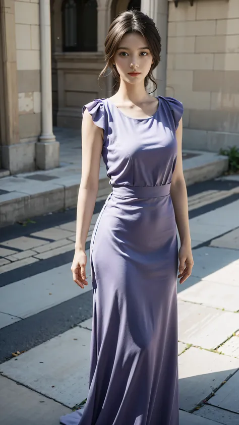 masterpiece,best quality,(photorealistic:1.4),1girl,full body,pure background,characters are full of composition,big breasts,light purple dress