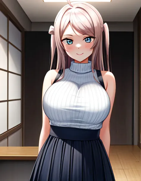 zhong lanzhu,long hair,bangs,(blue eyes),pink hair,ahoge,sidelocks,two side up,indoor room,light smile,sleeveless ribbed sweater...