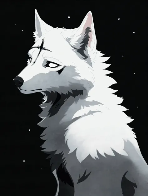 white wolf, full white eye shining, sad expression, looked at view, dark background, full black background,