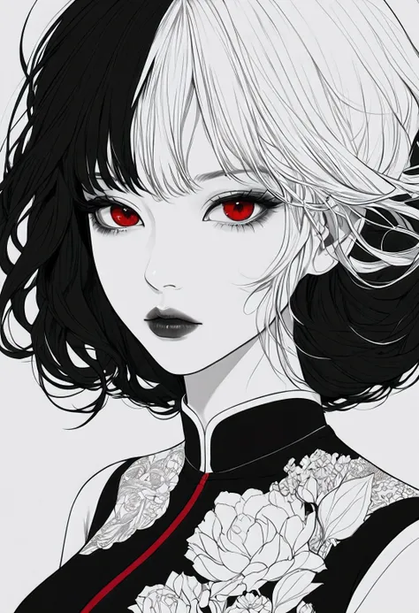 master piece:1.5、(minimal art, line drawing), woman、Black and white art:1.2、lips are red、Black and white world、silence、An ennui look、Densely drawn