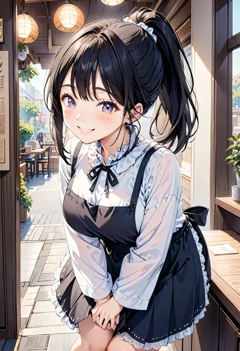 I work in a cafe、cute、One Woman、(((Black Hair、Small Ass、Big Breasts)))High resolution, 超High resolution, Best Quality, ponytail、noon、Warm color light、(White blouse:1.2), long sleeves, frilled collar, delicate lace pattern,(Black apron skirt:1.2), pleats,Wh...