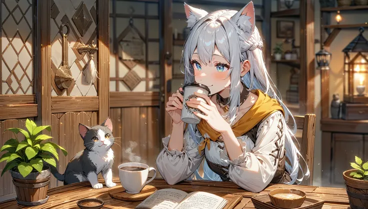 Large spacious room, Cat ears girl, Cute Cat, warm, Drinking coffee, relax, Large room, A kind smile, interior, middle ages, masterpiece, Best Quality, so beautiful, Absurd, Large room, expanded room