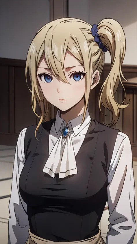 ((Master Quality、8k、masterpiece:1.3、Super detailed、High resolution、((anime、anime塗り、RAW Photos、Symmetrical eyes、Detailed eyes、Eye Light、Eye highlights))、HDR)),spy、(1girl, Alone, aihayasaka),ai hayasaka, bangs, blue eyes, blonde hair, hair ornament, hair bet...