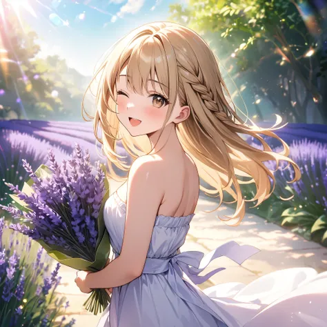 (8K, best quality, masterpiece: 1.2), ultra high resolution,1 beautiful girl,solo,18yo,ultra detailed face, detailed eyes,brown eyes,single braid,glossy blonde hair,holding a bouquet of lavender,one eye closed,;d,white tube top Maxi dress,look back, lookin...