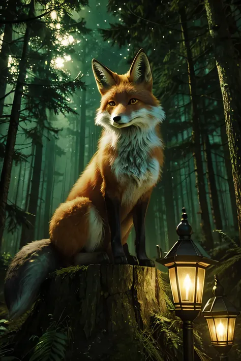  Fox animal, green eyes, forest background, night, medieval fantasy, poles and lights