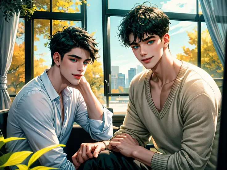 Handsome young man, black hair, badboy, short hair, blue eyes, ombros largos, masterpiece, Absurd, beautiful and detailed face, smiling, with dark green sweater, Sunny daytime environment, sitting in a colorful classroom with glass windows where there is a...