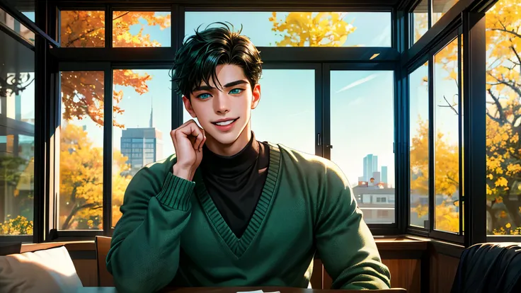 Handsome young man, black hair, badboy, short hair, blue eyes, ombros largos, masterpiece, Absurd, beautiful and detailed face, smiling, with dark green sweater, Sunny daytime environment, sitting in a colorful classroom with glass windows where there is a...