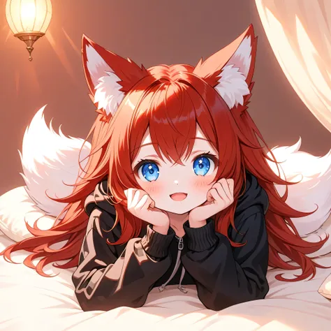 “A highly detailed image featuring a sweet fox girl (1.4) with bright blue eyes (1.4) and long, flowing red hair (1.5). She has adorable fox ears (1.4) and a fluffy fox tail (1.4), enhancing her cute and unique appearance. Her expression is happy, cheerful...
