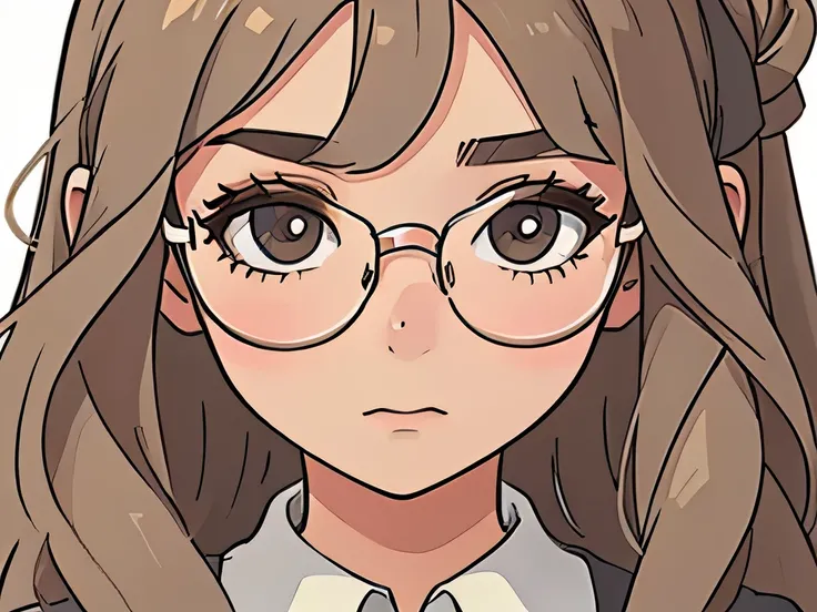 illustration,close up portrait of a girl having long wavy hairs, wearing spectacles, standing, neutral expression