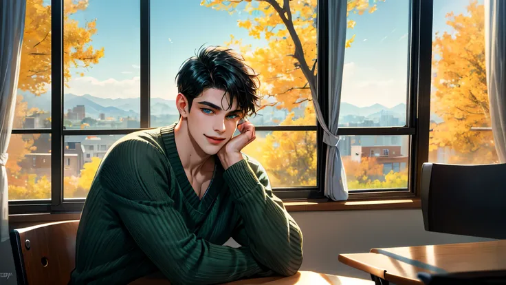 Handsome young man, black hair, badboy, short hair, blue eyes, ombros largos, masterpiece, Absurd, beautiful and detailed face, smiling slightly, with dark green sweater, Sunny daytime environment, sitting in a colorful classroom with glass windows where t...