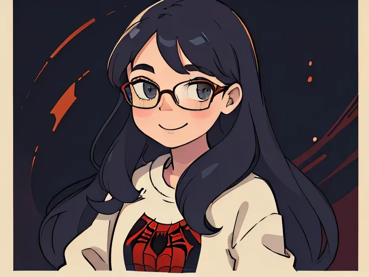 illustration, portrait of a girl having long wavy hairs, wearing spectacles, standing straight, smiling lightly, wearing spiderman sweater 