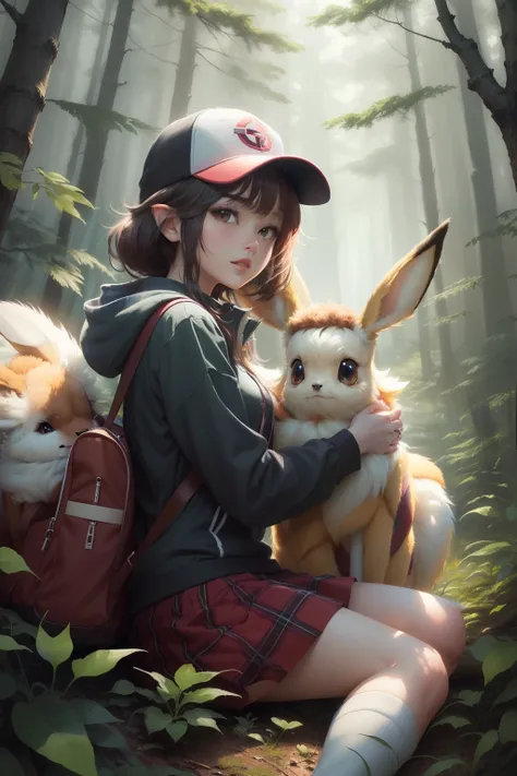 Pokemon is sitting in the woods,Holding a Pokemon toy in hand, pikachu in a forest, Illustration Pokemon, ((an eevee in a forest)), Elf art style, anime lush john 8k woods, pokemon trainer, Wild Pokémon, Elf anime style, ((1girl)), High-quality fanart, Off...