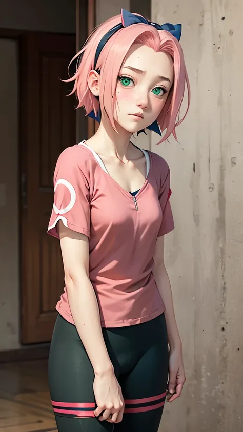 anime style, 1 sakuraNC,  Young , teenage body ,Alone , green eyes, short hair, a protective bow of konoha on top of the head, pink hair ,brave face , Blush  , Sweat , Flat chest , top short red , black tights,  legging academia , Sensual .