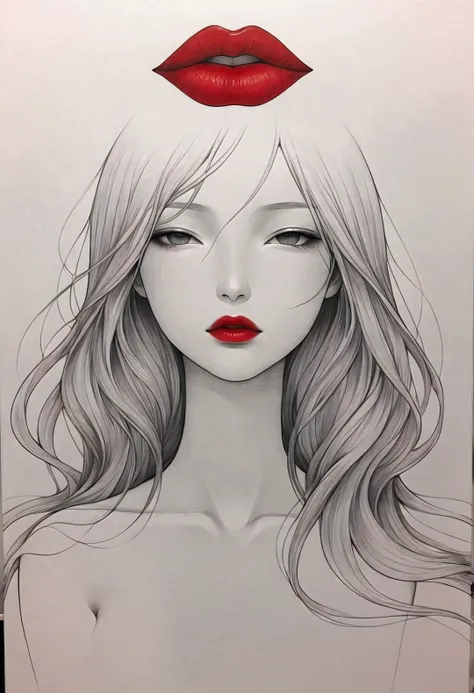 master piece:1.5、(minimal art, line drawing), woman、Black and white art:1.2、lips are red、Black and white world、silence、An ennui look、Densely drawn