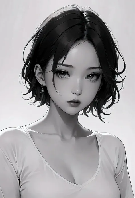 master piece:1.5、(minimal art, line drawing), woman、Black and white art:1.2、lips are red、Black and white world、silence、An ennui look、Densely drawn