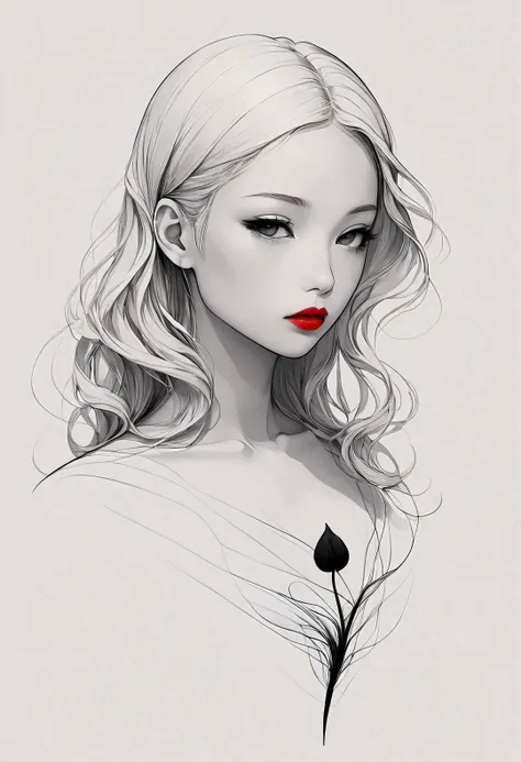 master piece:1.5、(minimal art, line drawing), woman、Black and white art:1.2、lips are red、Black and white world、silence、An ennui look、Densely drawn