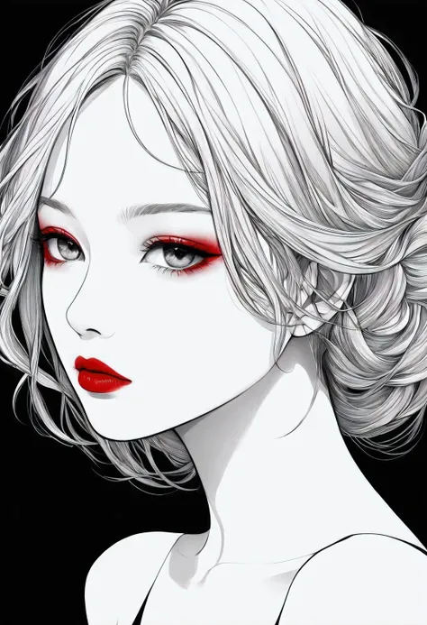 master piece:1.5、(minimal art, line drawing), woman、Black and white art:1.2、lips are red、Black and white world、silence、An ennui look、Densely drawn