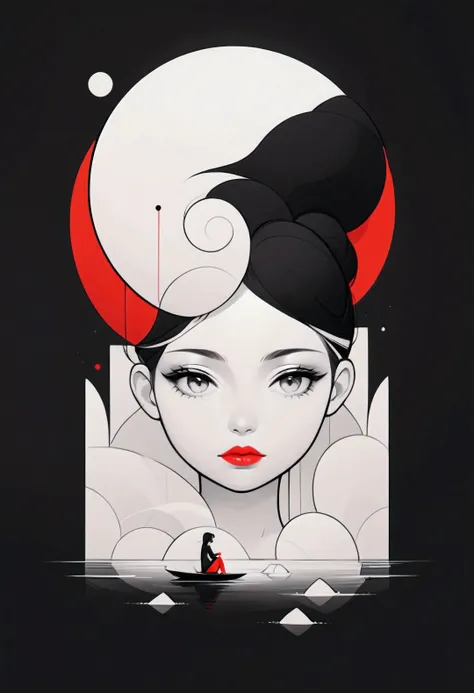 master piece:1.5、(minimal art, line drawing), woman、Black and white art:1.2、lips are red、Black and white world、silence、An ennui look、Densely drawn