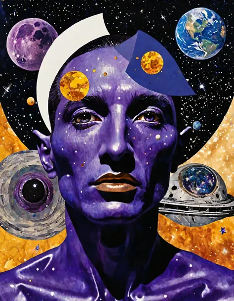 male extraterrestrials, Surreal and strange dislocation art：Collage，There are many different things on the faces，purple deep blue silver amber，Geometric Dislocation，Collage,Hollow，Artistic sense，Painting，paint，Simple, cosmos planets comet stars
