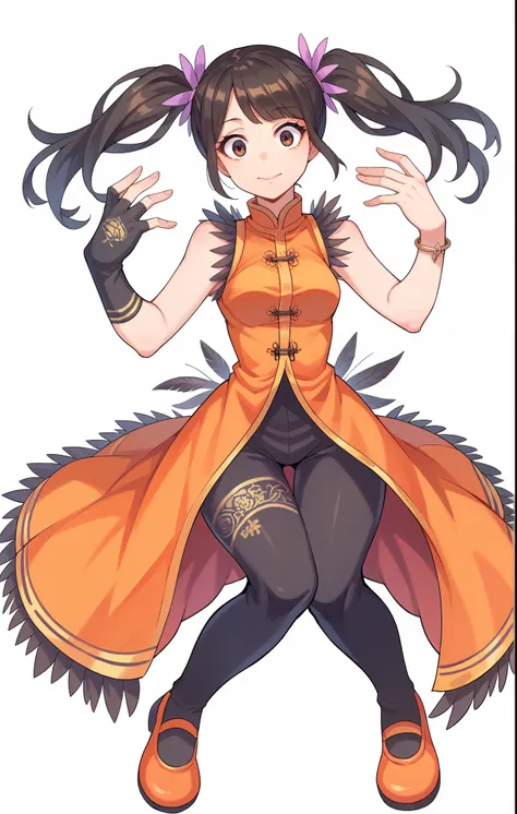 lingxiaoyu, ling xiaoyu,black gloves, bracelet, chinese clothes, feather trim, fingerless gloves, gloves, mary janes, orange foo...