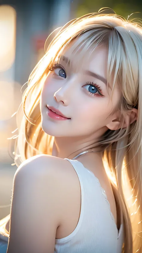 A beautiful girl with extremely white skin、A very beautiful baby-faced girl、Ultra-long platinum blonde hair that looks like silk in the wind、Super long straight silky platinum blonde hair、Swinging bangs、Cute, sexy,  blonde with incredibly bright light blue...