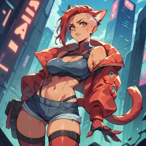 a red female cat in cyberpunk outfit