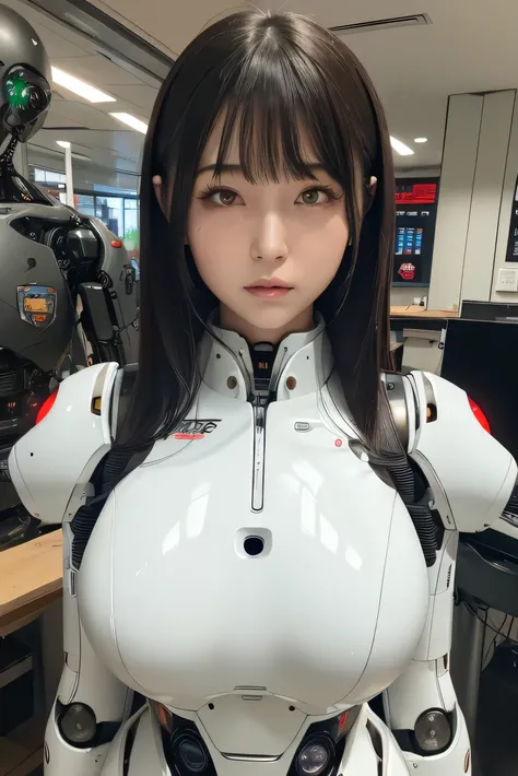 masterpiece, best quality, extremely detailed, Japaese android girl,portrait,Plump,a bit chubby,control panels,android,Droid,Mechanical Hand, Robot arms and legs, Black hair,Blunt bangs,perfect robot girl,long tube,thick cable connected her neck,android,ro...
