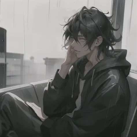 Guy sitting outside in the rain, guy with black hair, guy with messy wavy hair, adult, guy wearing black hoodie