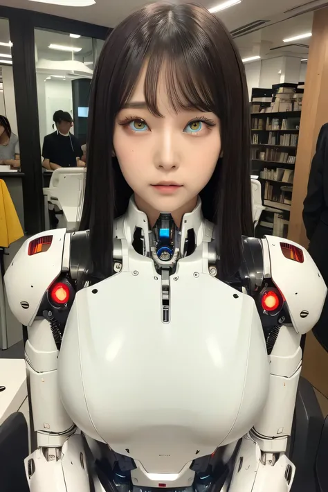 masterpiece, best quality, extremely detailed, Japaese android girl,portrait,Plump,a bit chubby,control panels,android,Droid,Mechanical Hand, Robot arms and legs, Black hair,Blunt bangs,perfect robot girl,long tube,thick cable connected her neck,android,ro...
