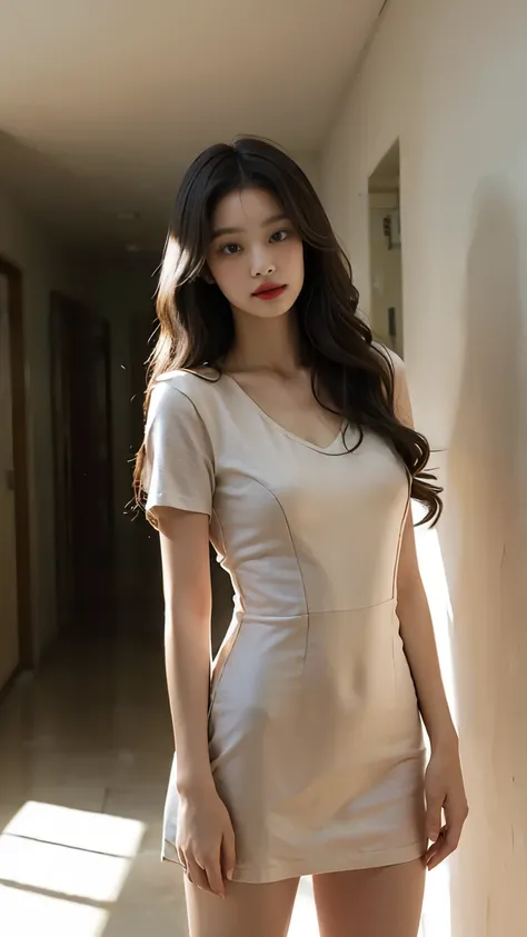 1 Girl,corridor,Soft Light,korean Beauty,Tight Fit,dress,Dark-haired wavy hair,