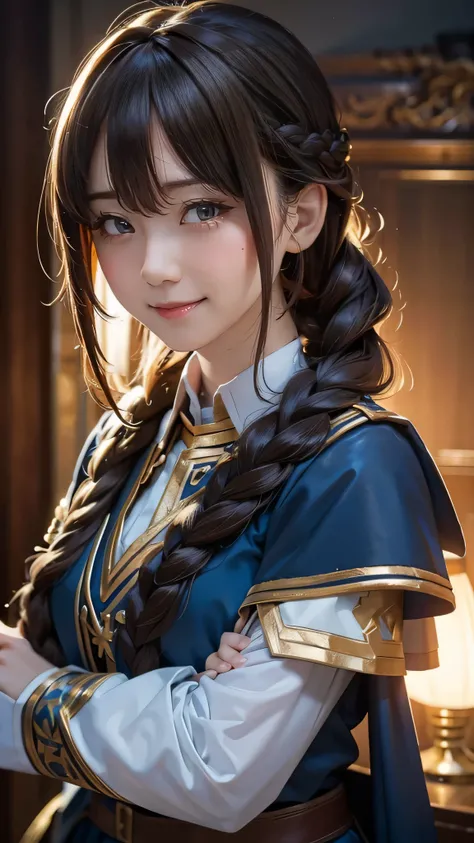 wizard,portrait,1girl, best quality,masterpiece,HDR,UHD,8K,Highly detailed,realistic,embarrass,smile,very long hair,swept bangs,hair between eyes,braided ponytail,brown hair,close shot,