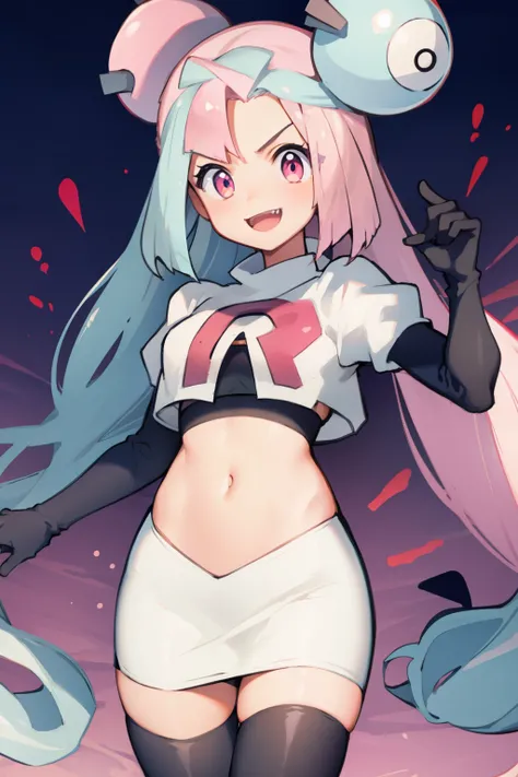 iono,1 girl,pink eyes,solo,smile,open mouth,fangs ,team rocket,team rocket uniform,white skirt,red letter R,crop top,black thigh-highs,black elbow gloves,