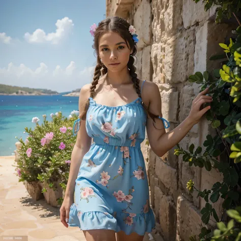 a beautiful young girl in a flower dress on comino island, detailed blue floral dress, loose single braid hairstyle with flower accessory, beautiful detailed eyes, sexy body, full body shot, (best quality,4k,8k,highres,masterpiece:1.2),ultra-detailed,(real...