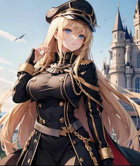 A woman with long blonde hair, blue eyes, wearing a black Prussian uniform with gold details, wearing a black military hat with gold details, a black cape, big breast, outside a large castle.
