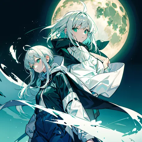 When it is dark，Bright moon in the sky，A white-haired girl wearing a hooded windbreaker,I can only see her from a distance，The overall picture is dark blue and green。