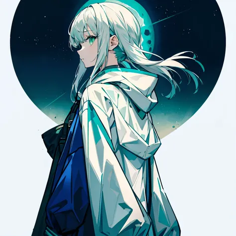 When it is dark，Bright moon in the sky，A white-haired girl wearing a hooded windbreaker,I can only see her from a distance，The overall picture is dark blue and green。