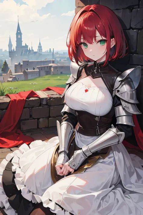 4K,High resolution,one woman,Dark red hair,short hair,green eyes,knight,White knight armor,Heavy Armor,Maid clothes,castle town