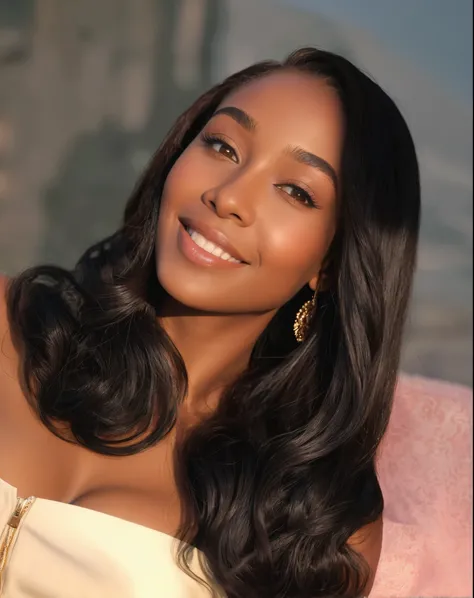 a beautiful black woman with long, flowing hair, smiling, detailed facial features, elegant pose, intricate hairstyle, flawless skin, detailed clothing, outdoor natural setting, vibrant colors, cinematic lighting, (best quality,4k,8k,highres,masterpiece:1....