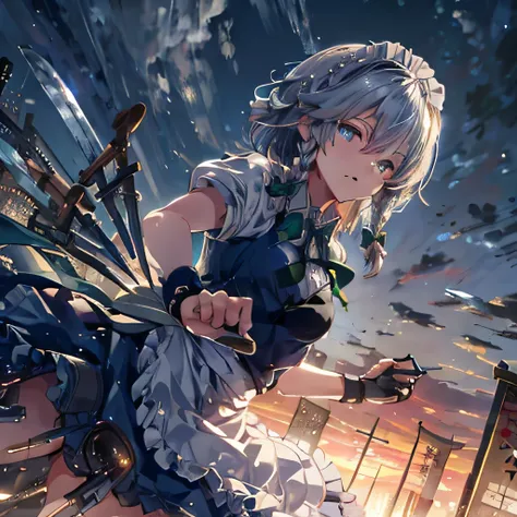 1girl, 8k, (masterpiece, best quality, perfect lighting, direct lighting:1.2),  , from below, sky view, beautiful clear sky,
a photo of a cute girl, izayoi sakuya, throwing knives,a lot of knives,in a precincts of shrine,attacked,battle pose,outdoors,
BREA...