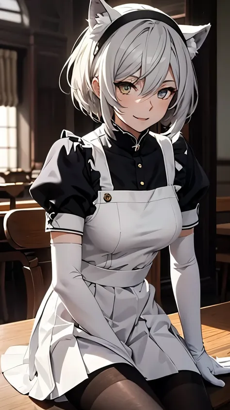 Tabletop　 Best image quality　Ultra Clear　High resolution　One young woman（（adult））　Anime Style　White long gloves（（Blanche）（Elbow Gloves））　White pantyhose　Maid uniform（Sleeveless/input>）　mini skirt　White wolf ears　short hair（（Shortcuts）（Gray Hair）（Habitual h...